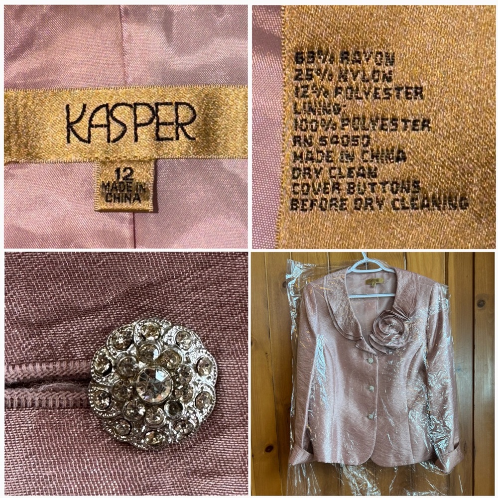 Dusty Pink Kasper Jacket with Rosette Accent & Vintage Faux Jeweled Buttons (12) - Picture 6 of 17